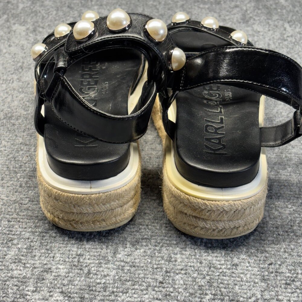 Karl Lagerfeld Womens Black Platform Espadrille Sandals Pearl Ankle Strap 7M - Picture 9 of 13